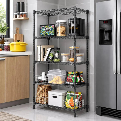 Heavy Duty Steel Wire Shelving Unit Black Metal Storage Rack Built Tough For Garage Warehouse Kitchen Pantry Office Laundry Room Multi Tier Stress Free Setup Game Changer with food storage.