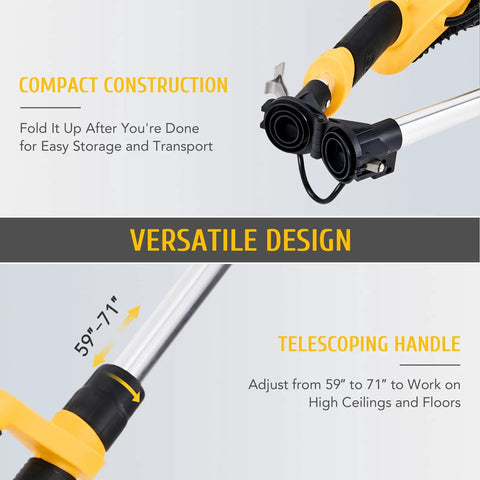 Diagram showing Six Speed Drywall Sander With Vacuum Attachment And LED Lights, highlighting telescoping handle and compact design.