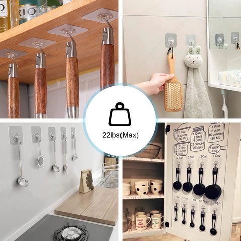 36 Pack Heavy Duty Adhesive Wall Hooks That Hold Up To 22 Lbs Waterproof Removable No Nails Hangers For Doors Keys Bathrooms Kitchens Living Rooms Dorm Decor with various items hanging like kitchen utensils, towels, and cleaning brushes.