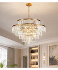 Luxury Gold K9 Crystal Chandelier Modern LED Pendant Light Energy Saving Lamp, elegant design hanging in a bright living room.