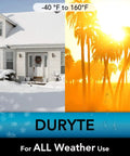 Image showing a house covered in snow and sunny palm trees, highlighting durability of Duryte products for all weather use from -40°F to 160°F.