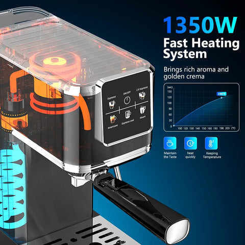Top Shelf Touchscreen Espresso Machine For Home, Zero Sweat Cold Brew Coffee Maker With A Bright Color Panel, view of controls and heating system.