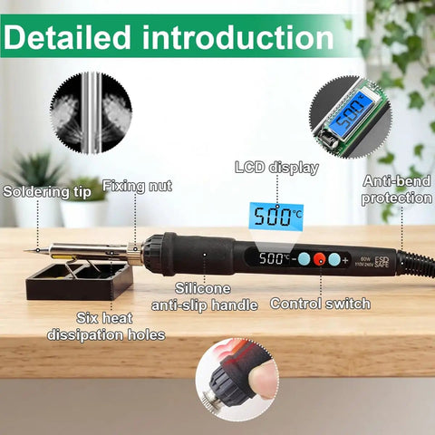 60W LED Display Soldering Iron Kit With Ceramic Heater featuring LCD and silicone handle, detailed introduction of components.