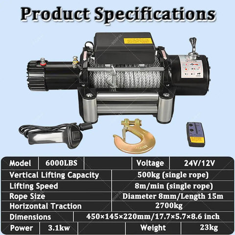 Heavy Duty 6000 Lbs Electric Winch Kit With Wireless And Hand Remote For Trucks Jeeps And Trailers featuring strong steel cable and specifications.