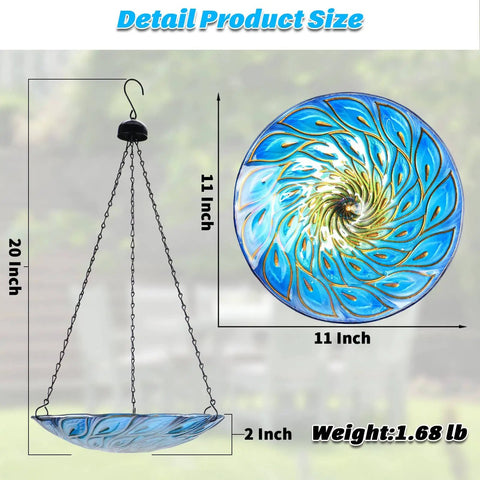11 Inch Hanging Glass Bird Bath With Peacock Pattern Outdoor Bird Feeder And Garden Decor For Yard Bright Colorful Wavy Rim