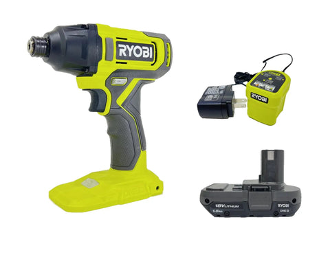 18V Cordless 1 Quarter Inch Impact Driver Kit with 1.5Ah Battery and Charger, green, lightweight grip, variable speed trigger in view