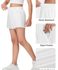 Girls Quick Dry Athletic Shorts With Liner For Running, Soccer, And Volleyball, featuring elastic waistband and zip pockets.