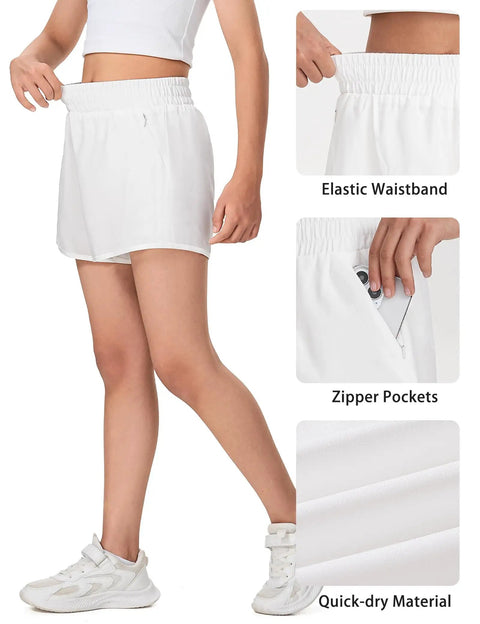 Girls Quick Dry Athletic Shorts With Liner For Running, Soccer, And Volleyball, featuring elastic waistband and zip pockets.