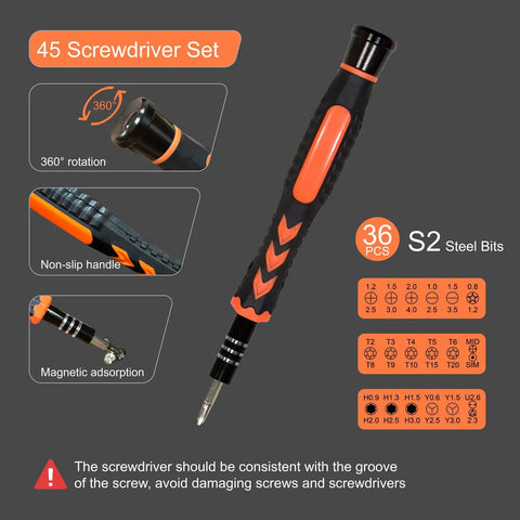 45 Piece Precision Screwdriver Set With Case For Electronics Repair Including Flathead Phillips Torx Pentalobe Bits for detailed work