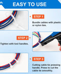 Steps to use Heavy Duty Die Cast Steel Cable Tie Gun With Flush Cut Fastening Tool Ergonomic One Hand Use Adjustable Tension Settings 1 2 3 6.29 Inch Length For Nylon Cable Ties