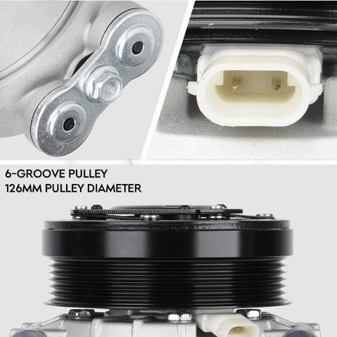 Close-up of 6-groove pulley and connector on Shop Grade Air Conditioning Compressor With Pre Mounted Clutch Fits Chevy Blazer C K Series Suburban GMC Yukon Escalade Straight Bolt Up Refreshes Your Whip Quick 1996 To 2000.