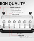 Top Shelf 300 Amp Power Distribution Block 6 Post 5/16 Inch Bus Bar With Secure Fit Cover For Marine Auto Solar Setup Heavy Duty 12V To 48V DC Terminal Strip Built Tough detailed view of stainless steel nuts, polycarbonate cover, and nylon base.