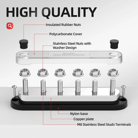 Top Shelf 300 Amp Power Distribution Block 6 Post 5/16 Inch Bus Bar With Secure Fit Cover For Marine Auto Solar Setup Heavy Duty 12V To 48V DC Terminal Strip Built Tough detailed view of stainless steel nuts, polycarbonate cover, and nylon base.