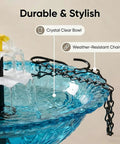 Close-up of Blue Hanging Solar Powered Bird Bath Fountain With Solar Pump showing crystal clear bowl and weather-resistant chains.