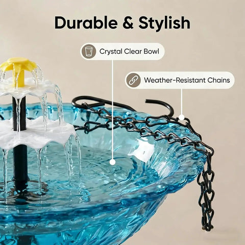 Hanging Bird Bath Fountain With Cascade Flow Solar Powered No Wires Needed Easy Setup For Outdoor Gardens Blue Bird Bath Water Feature close-up showing blue basin and weather-resistant chains.