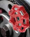 Red Heavy Duty 108mm Outside Faucet Wheel Handle Replacement for gate valves and water spigots, 11x11mm square broach, close-up view