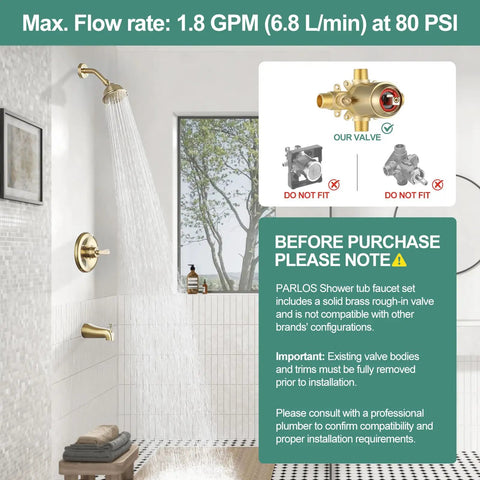 Dope Matte Black Shower System With Tub Spout And Valve Included, 5 Setting Shower Head, Diverter, And Wall Mounted Multi Function Tub And Shower Combo, Solid Brass Body, ASME Certified, valve compatibility notice