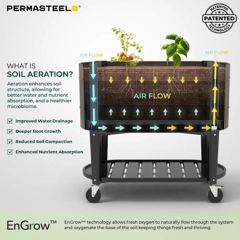 Diagram of Raised Garden Bed With Legs Built To Last 40 x 20 x 37 In Wood Brown Planter Box With EnGrow TrueSoil Technology showing aeration.