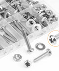 Pro Grade Heavy Duty Pack Of 102 Number 12-24 Phillips Pan Head Machine Screws paired with Hex Nuts and Flat Washers displayed in a storage box.