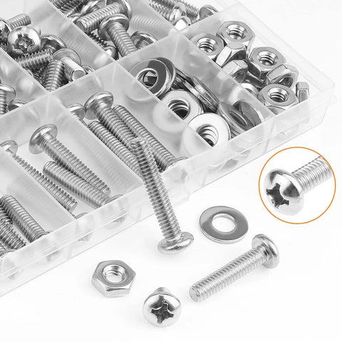 Pro Grade Heavy Duty Pack Of 102 Number 12-24 Phillips Pan Head Machine Screws paired with Hex Nuts and Flat Washers displayed in a storage box.