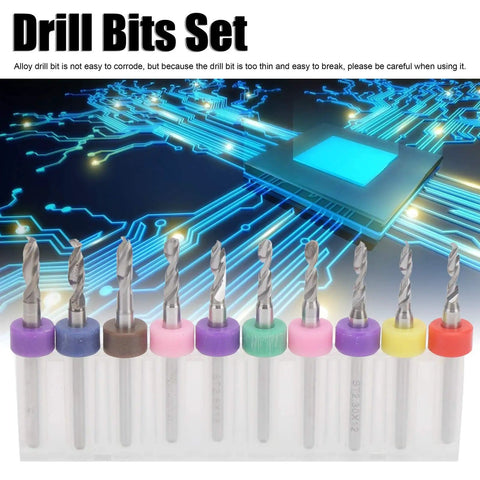 10Pcs 2.1-3mm Cemented Carbide Mini Drill Bits Set For CNC PCB Circuit Board Drilling displayed on electronic circuit background