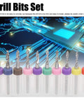 10 Piece Cemented Carbide Mini Drill Bit Set For CNC PCBs 2.1 To 3 mm displayed with circuit board graphic