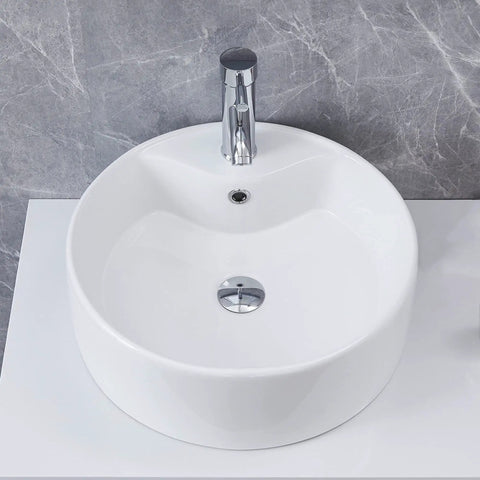 18.3x18.3x6.3 Inch Round White Ceramic Vessel Sink With Faucet And Pop Up Drain, Above Counter Bathroom Basin