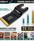 Badass 32 Piece Titanium Oscillating Multi Tool Blade Set For Heavy Duty Metal Cutting Wood Planks Nails Removal And Plastic Demolition Projects With Sharp Kick Ass Edges And Top Shelf Durability showing titanium-coated multi-tool blade with cutting specifications.