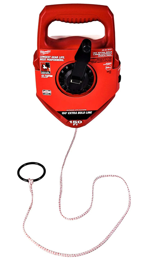 Extra Bold 150 Ft Large Capacity Chalk Reel With Planetary Gear System, 4 To 1 Retraction, 24 Oz Chalk Capacity, red color.