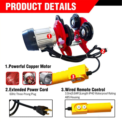 Power Hoist Trolley With Push Geared System For 2200Lbs Capacity On 2.68-4.33 In I Beam with copper motor and wired remote