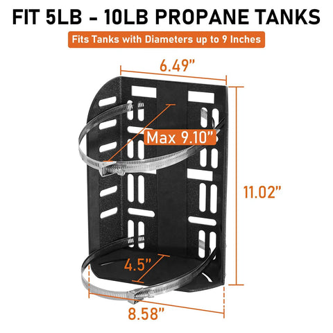 Tailgate Ready Propane Tank Mount Secures Five To Ten Pound Cylinders with dimensions 6.49" x 11.02" for tanks up to 9 inches.