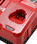 Close-up of red 12 Volt And 18 Volt Lithium Ion Battery Charger For M12 And M18 Tools, Rapid Charge docking port.