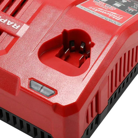 Close-up of red 12 Volt And 18 Volt Lithium Ion Battery Charger For M12 And M18 Tools, Rapid Charge docking port.
