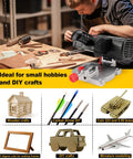 Mini Miter Cut Off Chop Saw For Metal And Wood Crafts, 0 To 45 Degree Miter, 6000 RPM High Speed, Cuts Up To Half Inch Deep And Half Inch Wide, Compact Electric Table Saw For Frames, Models, Arrow Shafts And Small Projects displayed on a workbench.