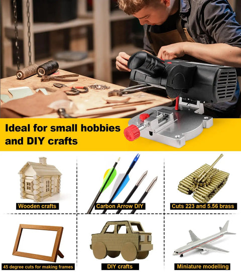 Mini Miter Cut Off Chop Saw For Metal And Wood Crafts, 0 To 45 Degree Miter, 6000 RPM High Speed, Cuts Up To Half Inch Deep And Half Inch Wide, Compact Electric Table Saw For Frames, Models, Arrow Shafts And Small Projects displayed on a workbench.