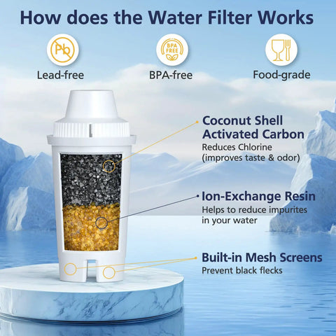 Cross-section of a water filter showing layers of materials labeled as activated carbon, ion-exchange resin, mesh screens.