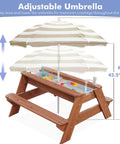 Kids 3-In-1 Sand And Water Table With Wood Outdoor Convertible Picnic Table Umbrella Two Trays Removable Top With Faucet