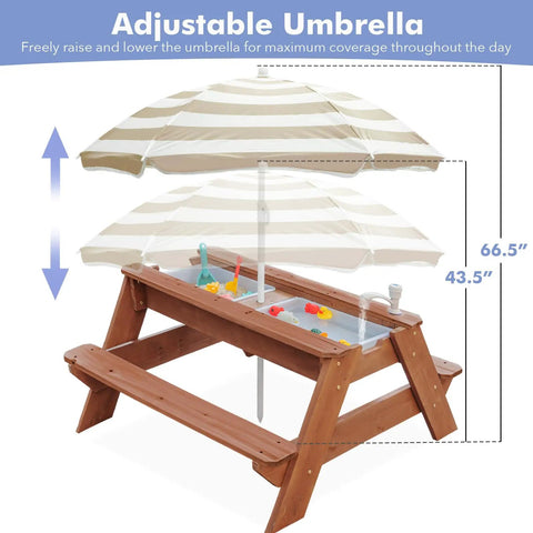 Kids 3-In-1 Sand And Water Table With Wood Outdoor Convertible Picnic Table Umbrella Two Trays Removable Top With Faucet