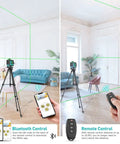 360 Degree Self Leveling Laser Level With Bluetooth Remote Control 200 Ft Outdoor Range showing remote function in living room