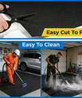 Oil Spill Mat For Garage Floor 60 By 72 Inches Waterproof Under Car Protector being cut, cleaned, and installed in a garage.