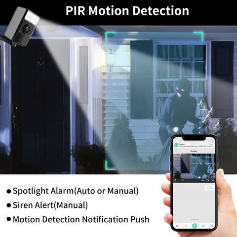2K Wireless Outdoor Security Camera with Spotlight showing AI Motion Detection on smartphone, capturing intruder at night.