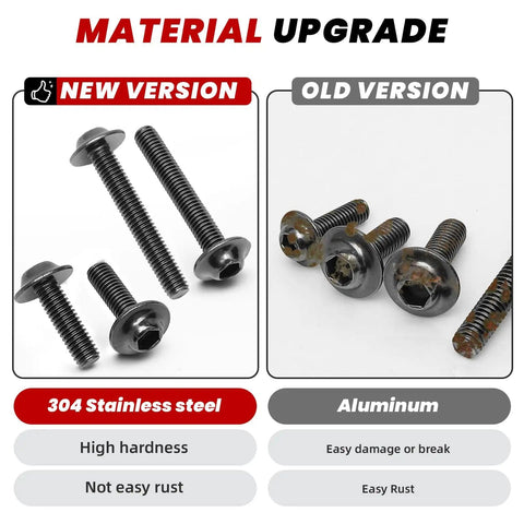 Comparison between new 304 stainless steel and old aluminum screws, highlighting high hardness and no rust in new version.