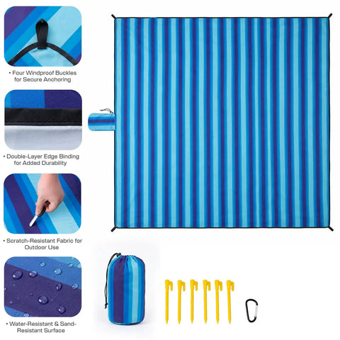 Extra Large Beach Blanket Waterproof And Sand Free For 3 To 4 People 7 By 7 Feet Lightweight Beach Mat With 6 Stakes And 4 Corner Pockets