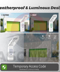Replacement Keypad For MegaCode Linear Garage Door Opener, weatherproof design, shown in daylight and night with green door.