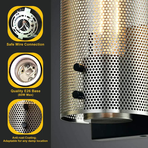 Close-up of Rustic Wall Sconces Set Of Two Vintage Nickel Industrial Wall Lighting with grid mesh perforated half cylinder sconce