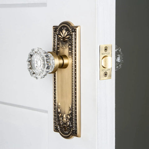 Meadows Plate and Interior Crystal Door Knob Set for Large Doors with vintage fluted glass knob and decorative brass plate