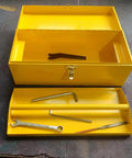 Yellow 16 Inch Heavy Duty Tool Box Organizer With Metal Latch And Handle Beefy Metal Toolbox For Home Garage And Workshop Storage Corrosion Resistant Steel Construction Durable Tackle Box Alternative, open with tools
