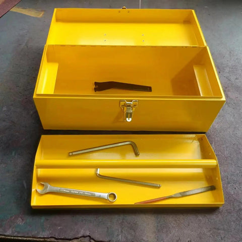 Yellow 16 Inch Heavy Duty Tool Box Organizer With Metal Latch And Handle Beefy Metal Toolbox For Home Garage And Workshop Storage Corrosion Resistant Steel Construction Durable Tackle Box Alternative, open with tools