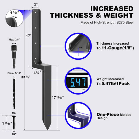 Diagram of Fence Post Repair Kit With Beefy Steel Anchors And Stakes For Broken Or Leaning 4x4 And 6x6 Wood Posts specifications.