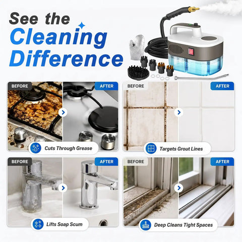 Quick Heat 10S Handheld Steam Cleaner, Chemical-Free Portable Steamer For Car, Grout, Tile, And Kitchen, before and after cleaning results.